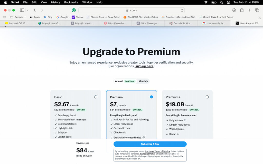X Premium sign up page for X verification